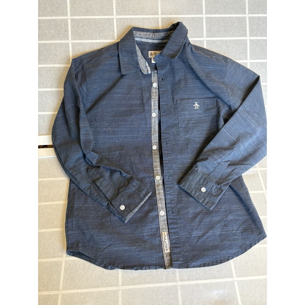 Original Penguin Boys Long Sleeve Button Dress Shirt Sz 10-12 Kids Navy Atlantic
